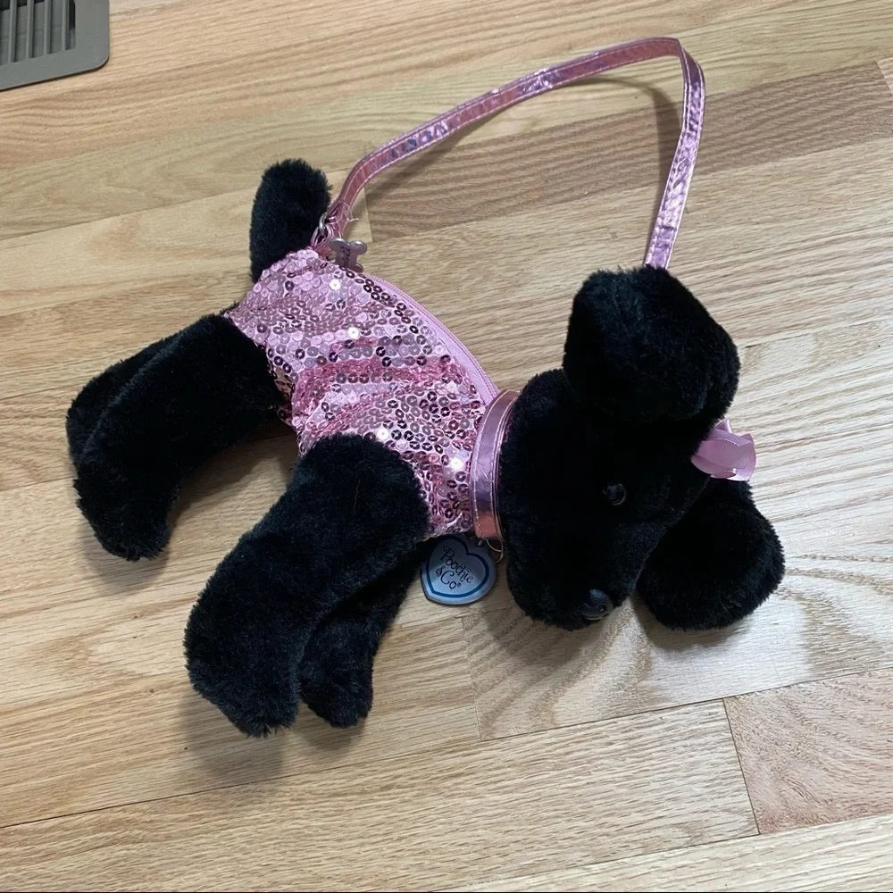 Black Dog Purse Pink Sequin Kids Toy Plush Stuffed Animal